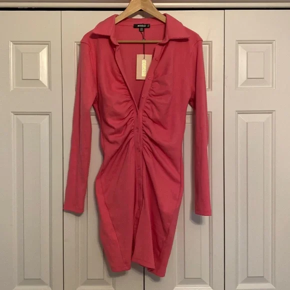 missguided pink mini dress MISSGUIDED Puff Sleeve Shirred Poplin Square Neck Ruffle Hem Mini Dress MISSGUIDED